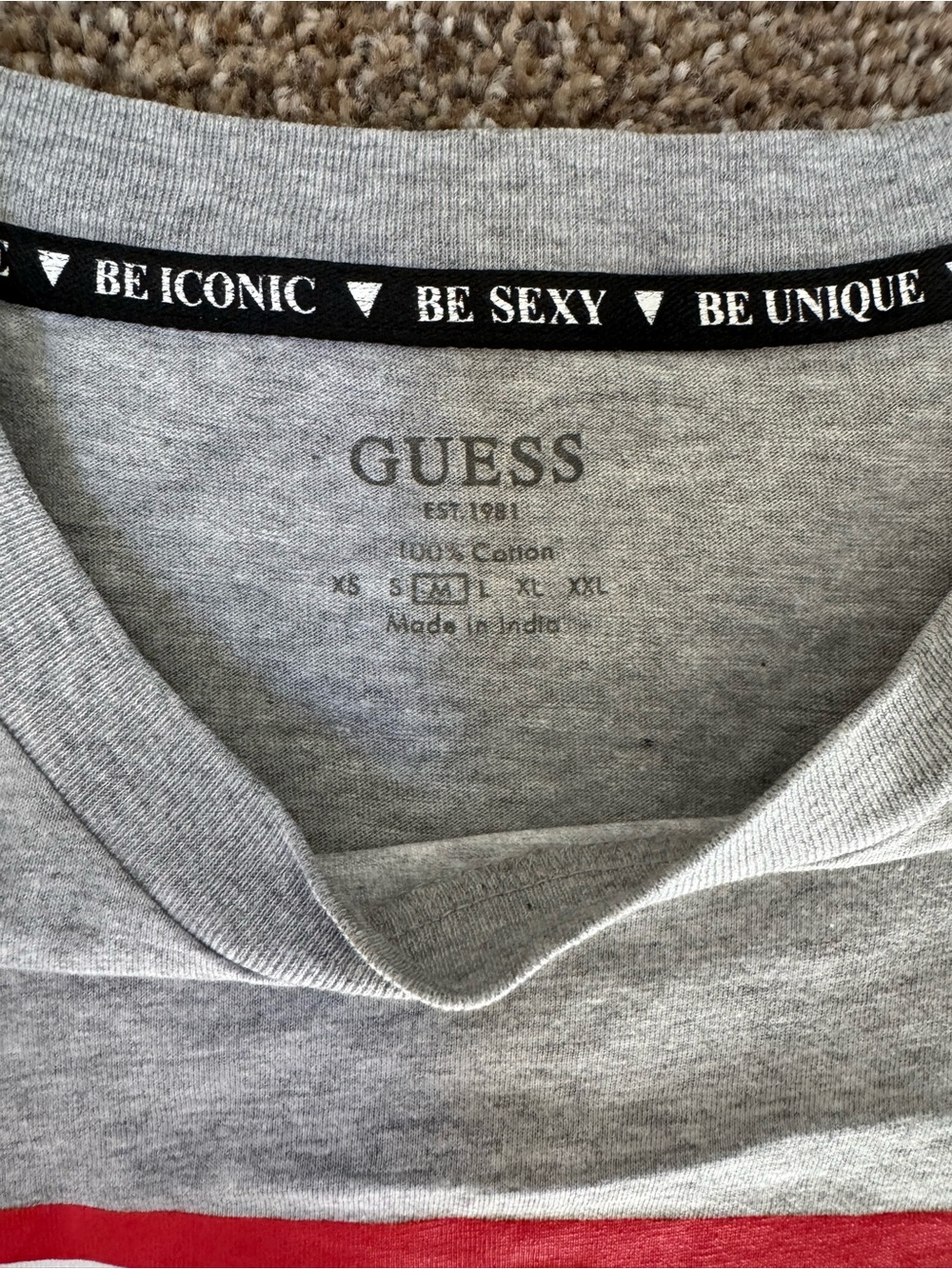GUESS Gray Tee with Red Triangle Logo and Rhinestone Script - Picture 4 of 7